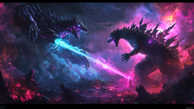 Godzilla facing off against Mechagodzilla in a neon battlefield.
