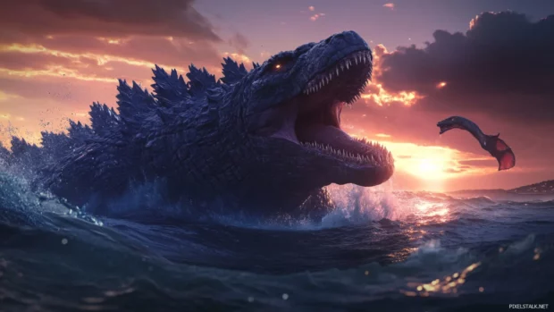 Godzilla fighting a sea serpent in cinematic wide shot.