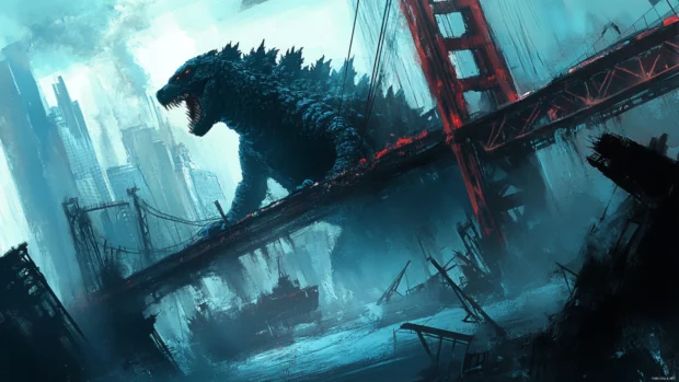 Godzilla framed by destroyed suspension bridges and twisted steel.