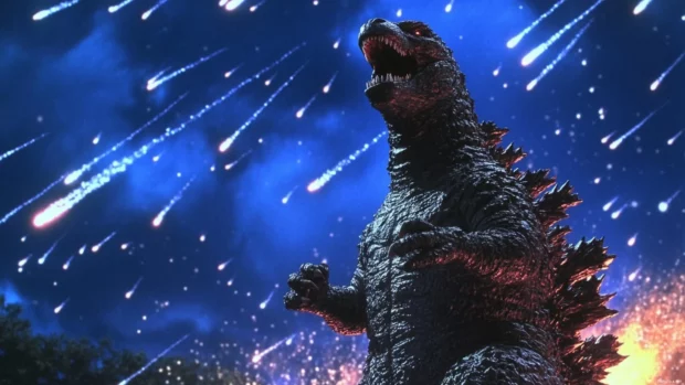Godzilla frozen mid roar in a sky full of falling meteors.