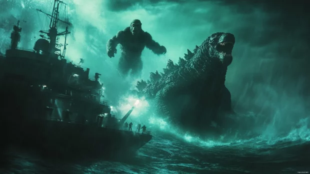 Godzilla glowing under water as Kong roars above on a warship.