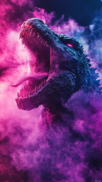 Godzilla iPhone wallpapers HD and 4K featuring a close up roar in neon mist.