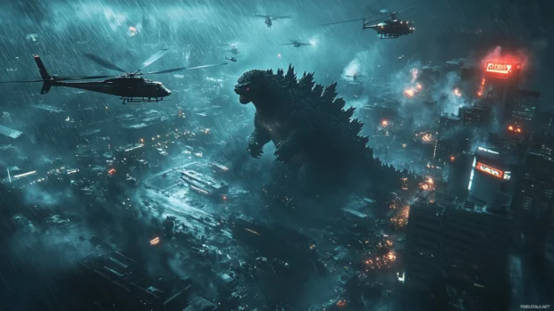Godzilla in stormy rain surrounded by helicopters and chaos.