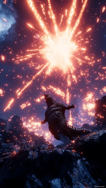 Godzilla launches skyward from a crater with glowing particle stream.