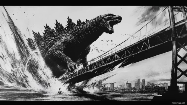 Godzilla lifts a bridge as shockwaves ripple from his body.
