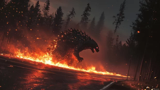 Godzilla lit by sparks as a highway collapses beneath him.