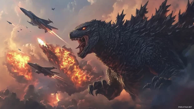 Godzilla mid fight with jets circling and explosions behind.
