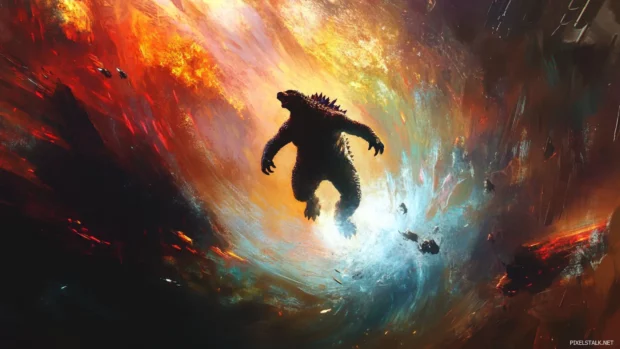 Godzilla mid jump through a portal in a sci fi energy field.