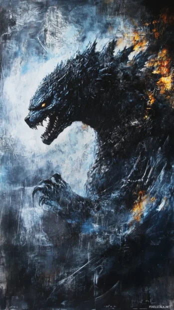 Godzilla painted in firelight on an ancient mural coming to life.