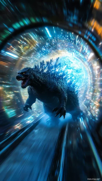 Godzilla pushes through warped time tunnel in distorted space glow.