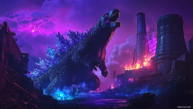 Godzilla rampaging through glowing ruins of a power plant.