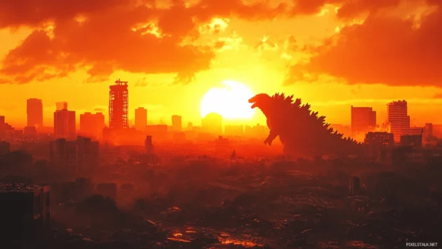 Godzilla rising as the sun sets behind a war ravaged skyline.