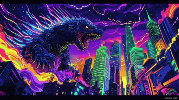 Godzilla rising between damaged skyscrapers with neon trails behind.