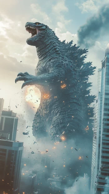 Godzilla rising between tower blocks with shattered windows around.