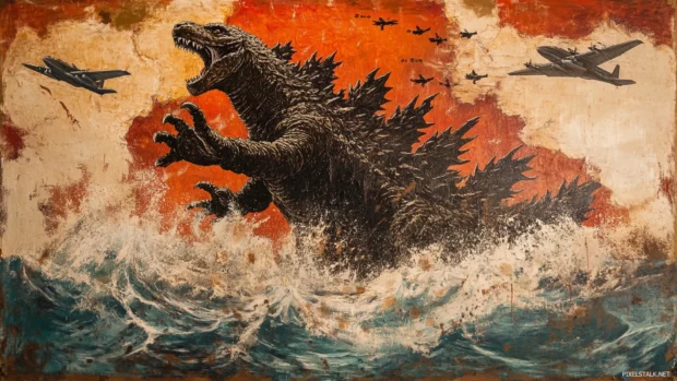 Godzilla rising from the sea with aircraft fleeing above.