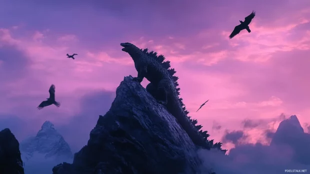 Godzilla scaling a mountain in twilight with birds flying around.