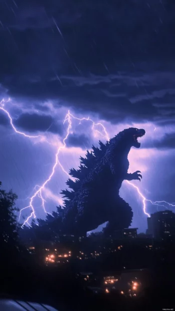 Godzilla shaking the screen with a roar during a lightning strike.