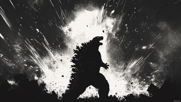 Godzilla silhouetted by an exploding satellite overhead.