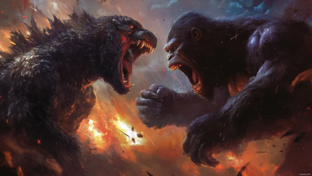 Godzilla slams the ground sending shockwaves while Kong braces.