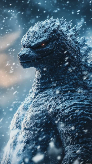 Godzilla standing still as snow falls gently around him.