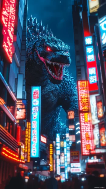 Godzilla steps into a digital cityscape of flickering LED signs.