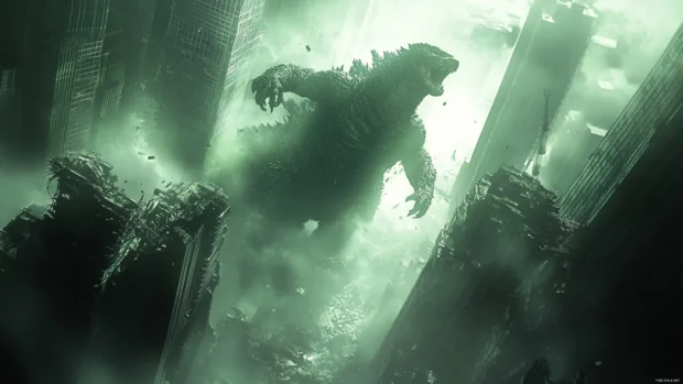 Godzilla steps over a collapsed skyscraper into blinding light.