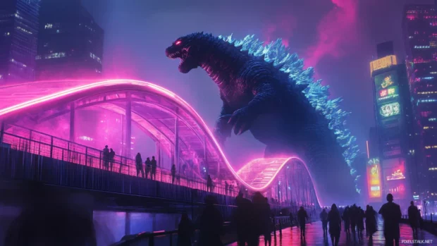 Godzilla stomping across a neon bridge as people flee.