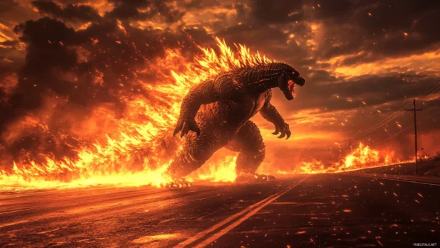 Godzilla stomping through a deserted highway glowing from the fire.
