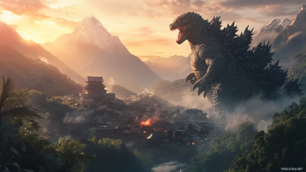 Godzilla stomping through a mountain village at dawn.