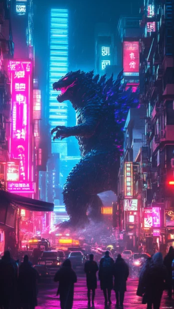 Godzilla stomping through a neon lit future city in iPhone wallpapers HD and 4K.