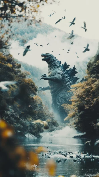 Godzilla surrounded by birds in mid flight above a river.