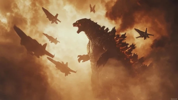 Godzilla surrounded by fighter jets as he bursts through a power plant.