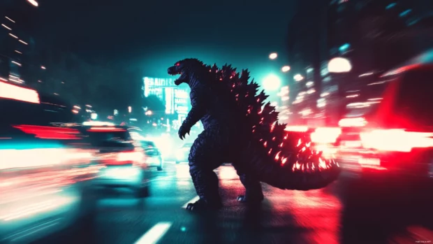 Godzilla surrounded by flashing lights of fleeing traffic.