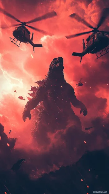 Godzilla surrounded by helicopters in glowing red skies for HD and 4K iPhone wallpapers.