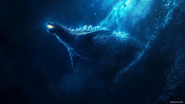 Godzilla swimming in the deep ocean glowing faintly in darkness.
