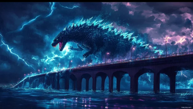 Godzilla tail sweeping a bridge in mid roar over a thunderstorm.
