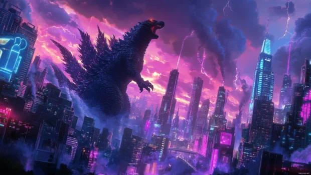Godzilla towering over a glowing city, tail wrapped in electric sparks.