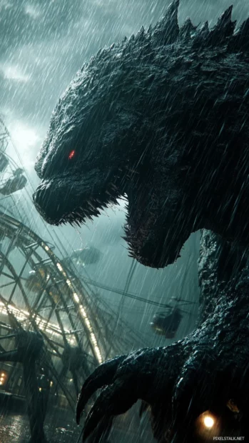 Godzilla trampling a ferris wheel under heavy rain.