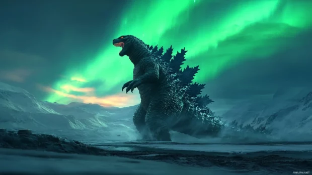 Godzilla under aurora lights standing tall in a frozen wasteland.