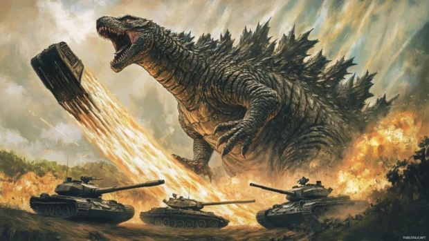 Godzilla unleashing a shockwave that topples a line of tanks.