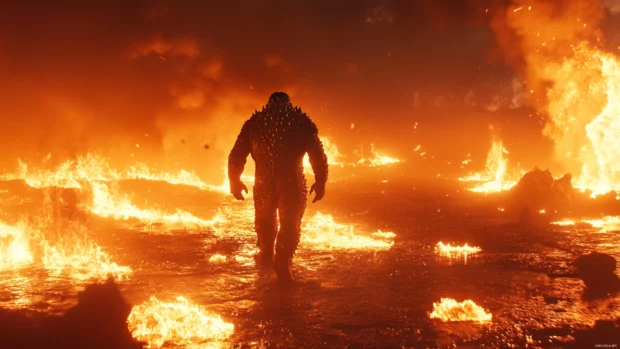 Godzilla walking through a burning oil field with glowing lava pits.