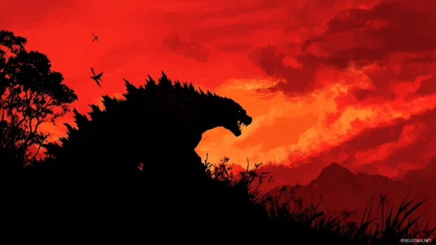Godzilla wallpaper HD for desktop in silhouette against a red volcanic sky.