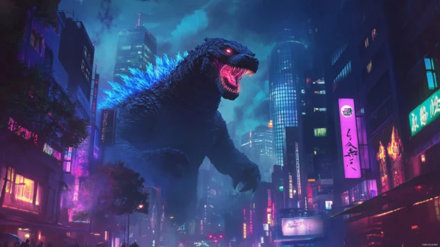 Godzilla wallpaper for desktop where buildings tremble under glowing atomic breath.