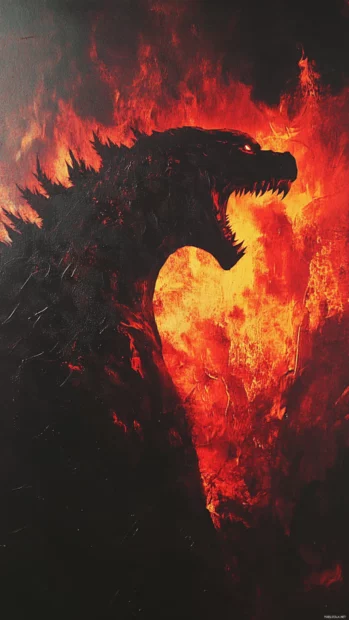 Godzilla wallpaper for iPhone showing shadows cast on a wall of flames.