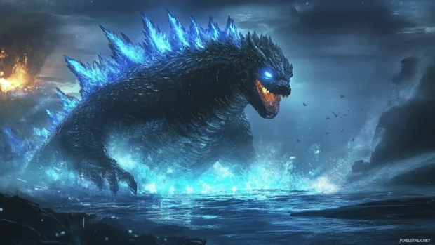 Godzilla with glowing dorsal fins emerging from a crater.