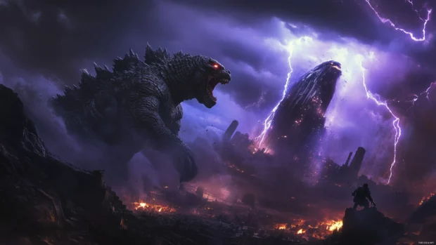 Godzilla x Kong wallpapers in cinematic 4K with city ruins and glowing storms.