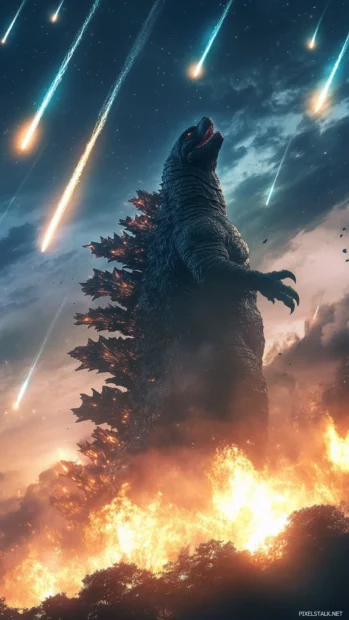Godzillas dorsal fins glow as meteors streak across the sky.
