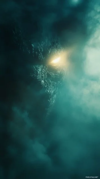 Godzillas eye glowing as spotlights catch him in the smoke.