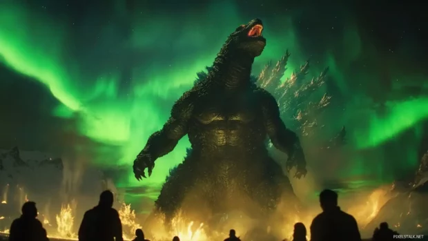 Godzillas form warps space as he roars against an aurora sky.