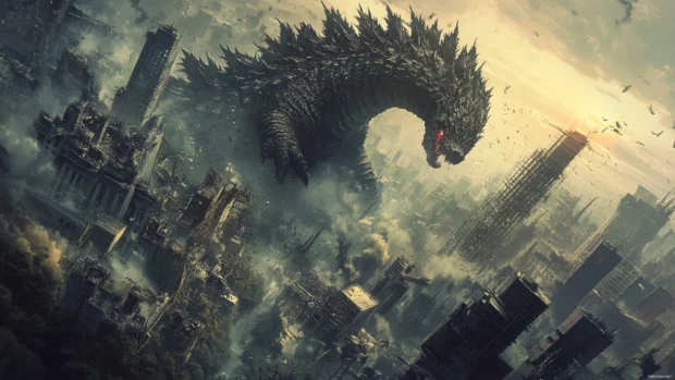 Godzillas monstrous tail curls through collapsing structures.
